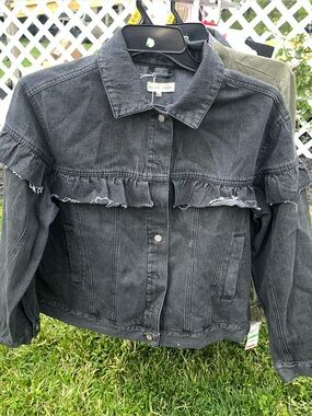 Gilded Intent Black Ruffle-Trim Denim Jacket